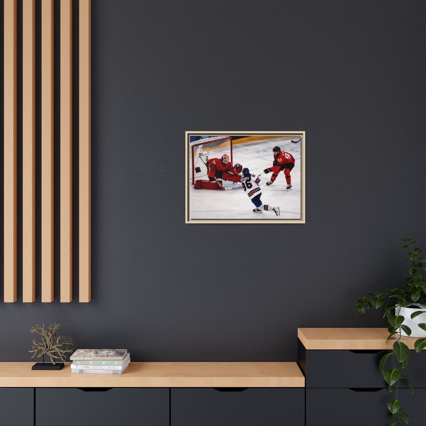 Hockey Hughes Goal Matte Canvas Framed Print — Action Shot Wall Art for Fans