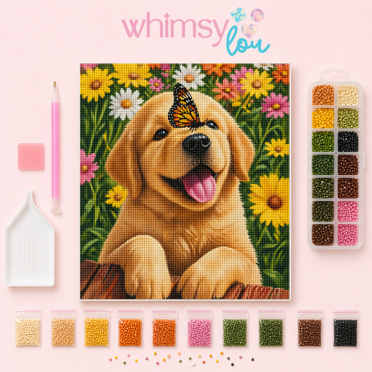 Petals & Puppy Love- Diamond Art Kit (40x50cm, Square Drill)