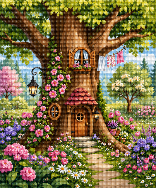The Flowering Tree Cottage – Diamond Art Kit (50x60cm, Square Drill)