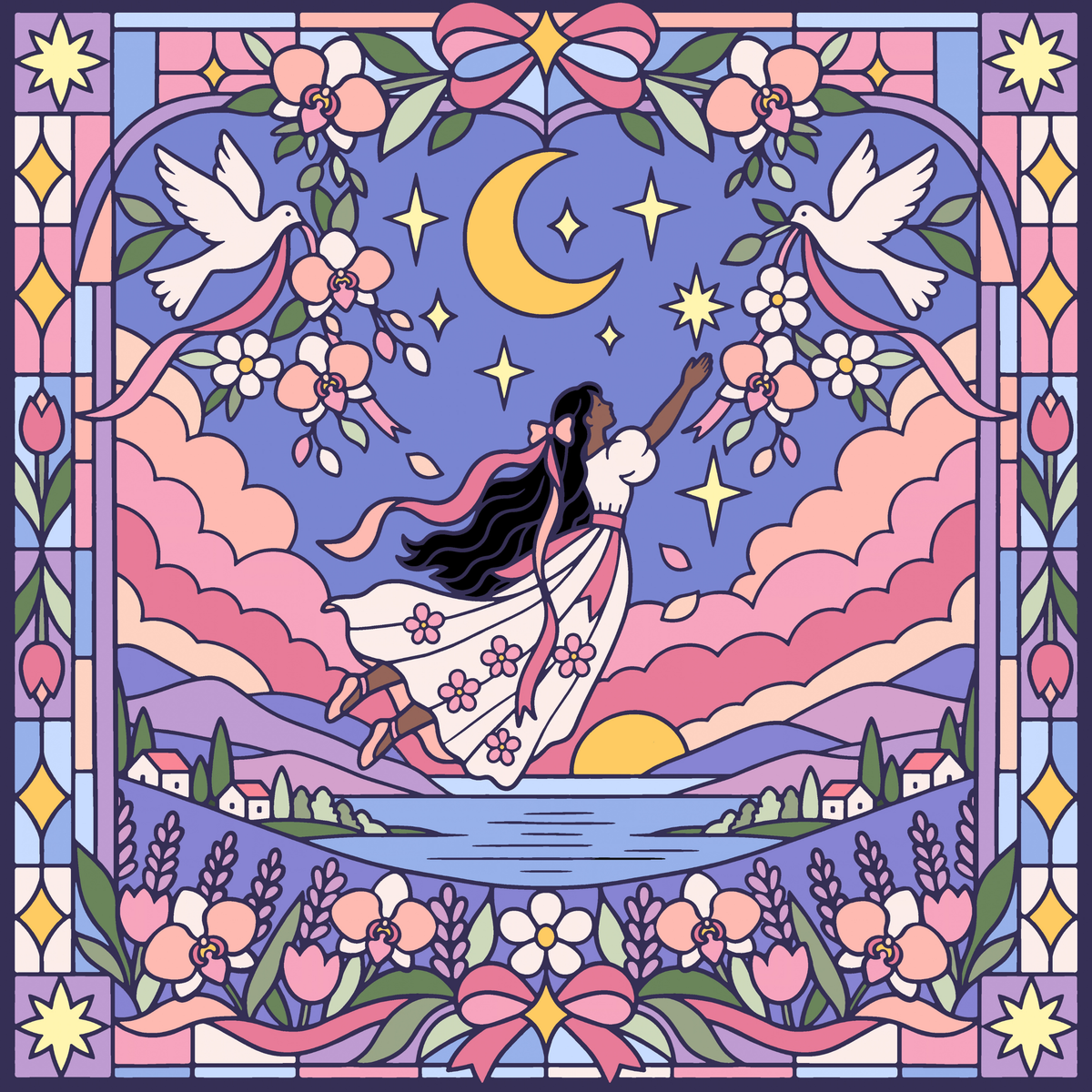 Pink Clouding Star Girl by Textile Bakery – Diamond Art Kit (50x50cm)
