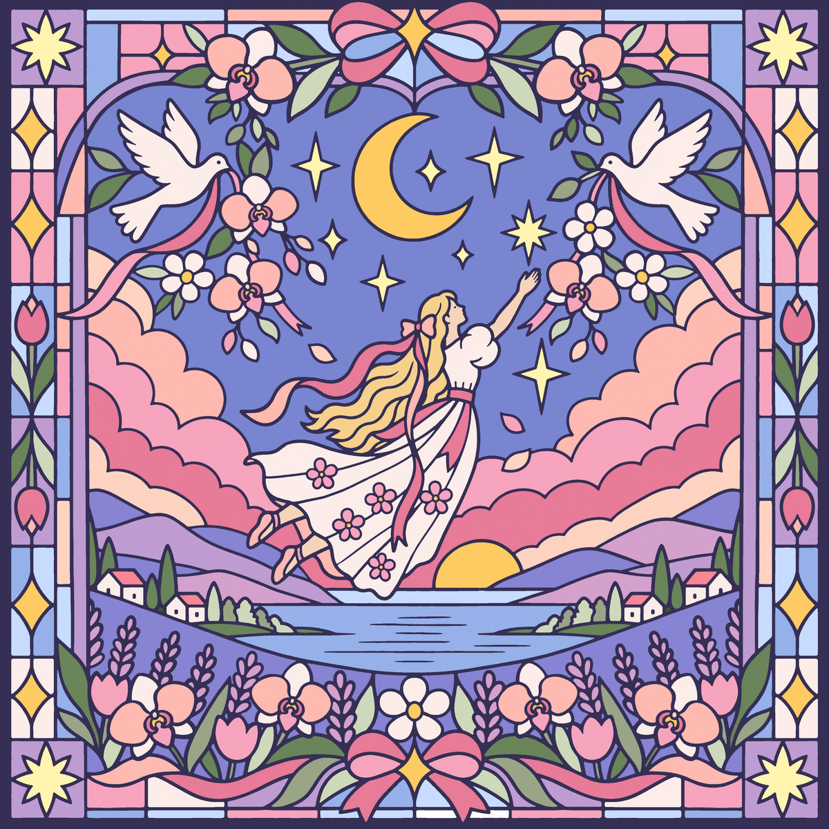 Pink Clouding Star Girl by Textile Bakery – Diamond Art Kit (50x50cm)