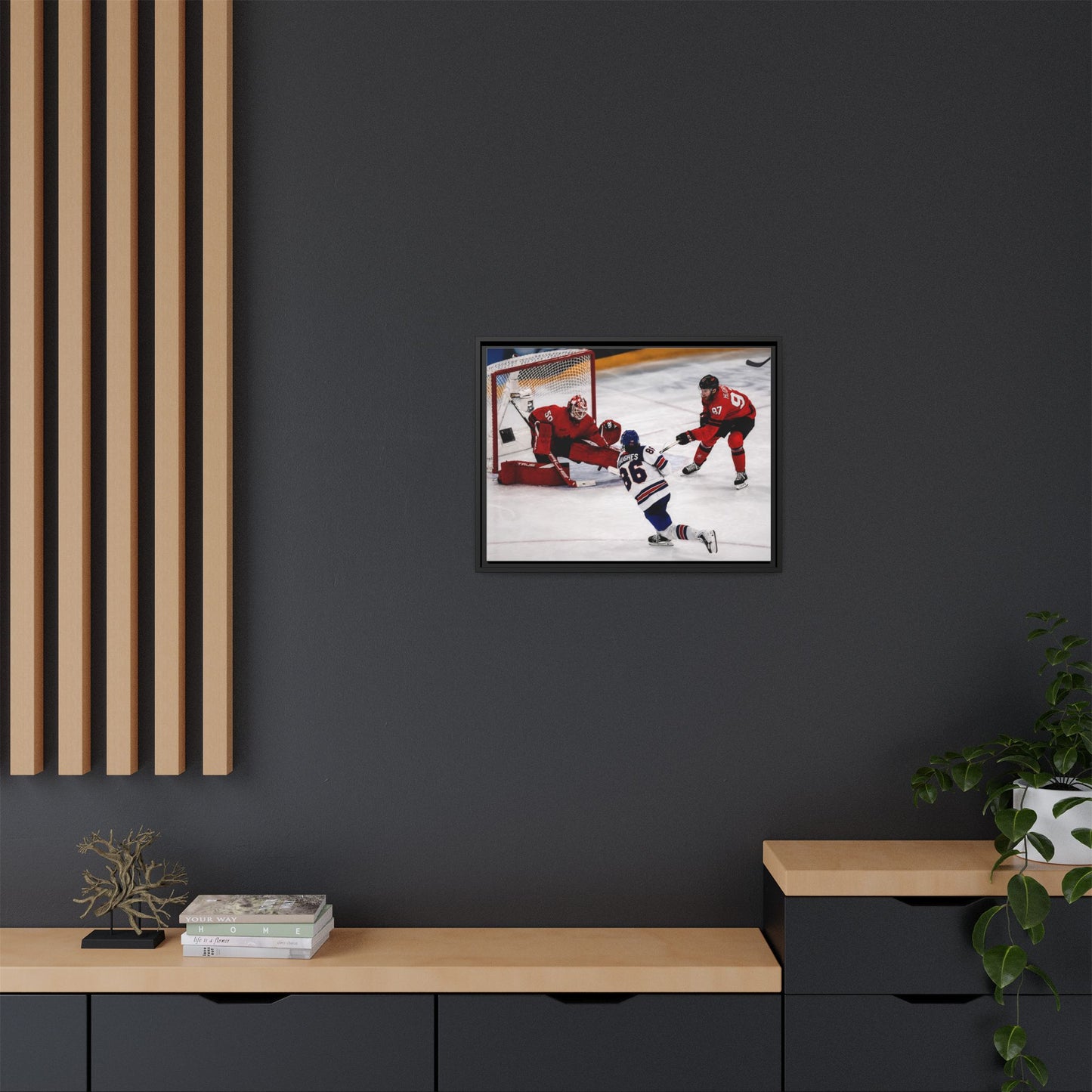 Hockey Hughes Goal Matte Canvas Framed Print — Action Shot Wall Art for Fans