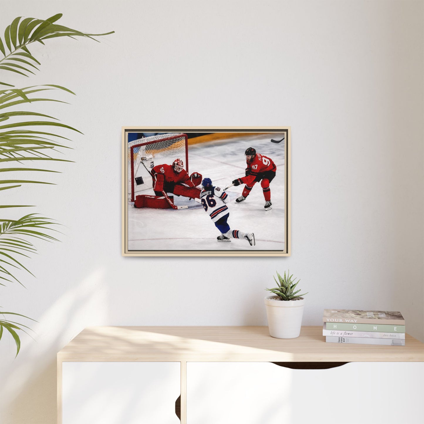 Hockey Hughes Goal Matte Canvas Framed Print — Action Shot Wall Art for Fans