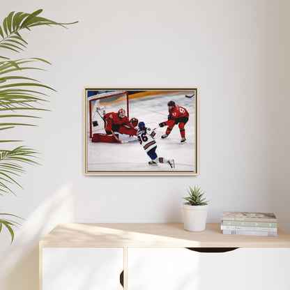 Hockey Hughes Goal Matte Canvas Framed Print — Action Shot Wall Art for Fans
