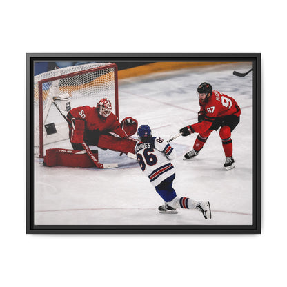 Hockey Hughes Goal Matte Canvas Framed Print — Action Shot Wall Art for Fans