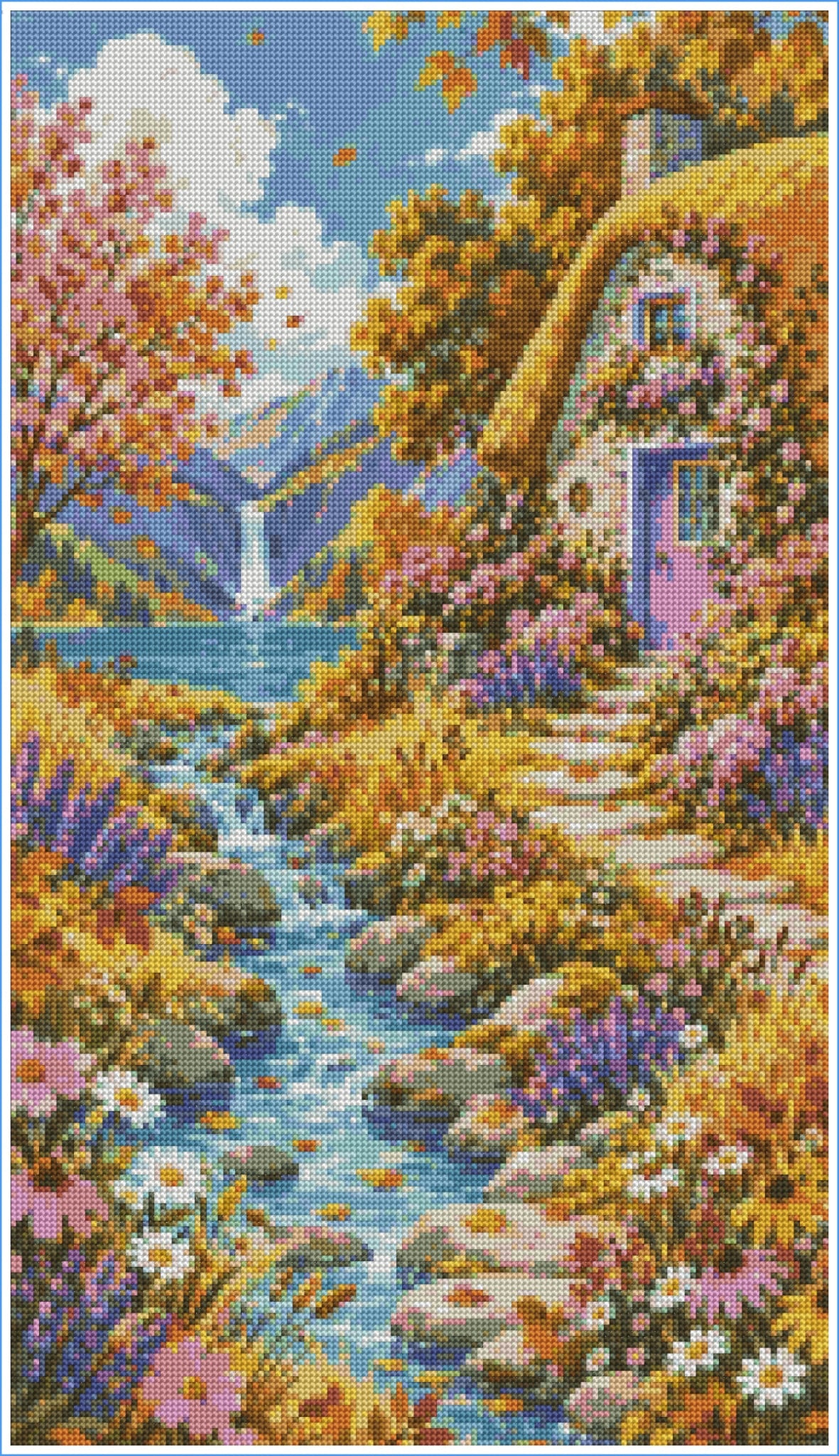 Golden Cottage Falls– Diamond Art Kit (40x70cm, Square Drill)