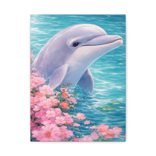 Blush Tide Canvas Wall Art – Playful Dolphin Print on Matte Stretched Canvas