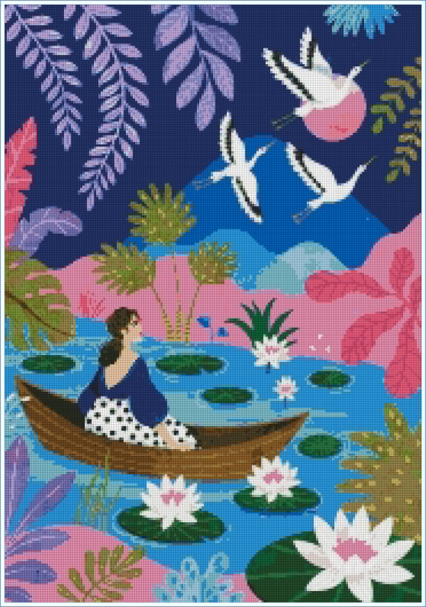 Lotus Lake & Cranes- Art by Leysan Shayak- Diamond Art Kit (45x65cm, Square Drill)
