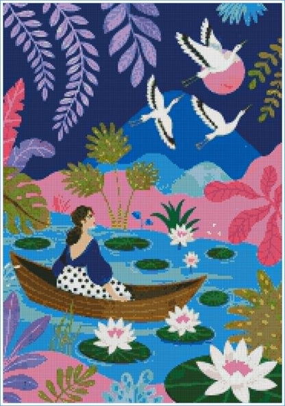 Lotus Lake & Cranes- Art by Leysan Shayak- Diamond Art Kit (45x65cm, Square Drill)