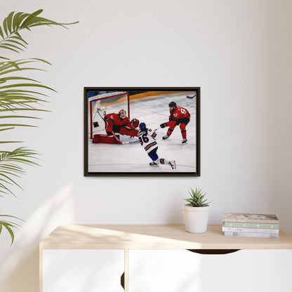 Hockey Hughes Goal Matte Canvas Framed Print — Action Shot Wall Art for Fans