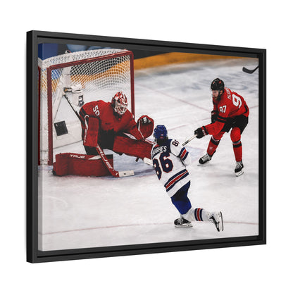 Hockey Hughes Goal Matte Canvas Framed Print — Action Shot Wall Art for Fans