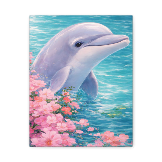 Blush Tide Canvas Wall Art – Playful Dolphin Print on Matte Stretched Canvas