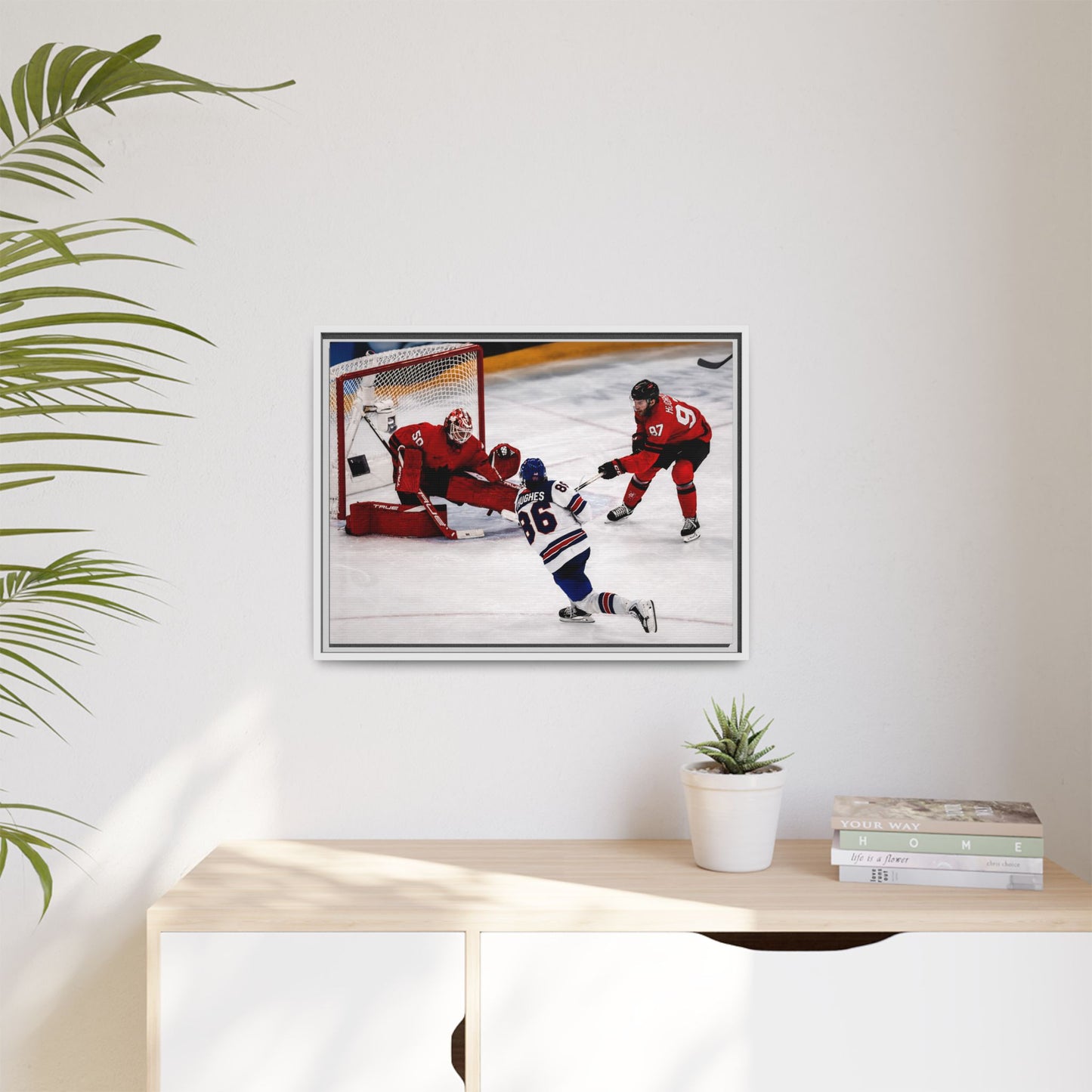Hockey Hughes Goal Matte Canvas Framed Print — Action Shot Wall Art for Fans