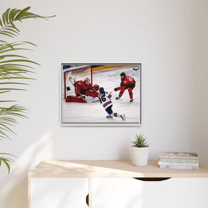Hockey Hughes Goal Matte Canvas Framed Print — Action Shot Wall Art for Fans