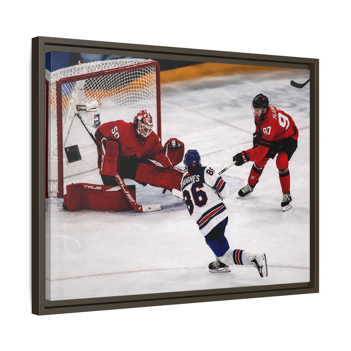 Hockey Hughes Goal Matte Canvas Framed Print — Action Shot Wall Art for Fans