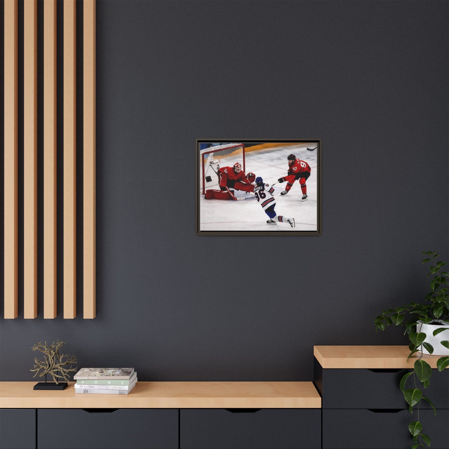 Hockey Hughes Goal Matte Canvas Framed Print — Action Shot Wall Art for Fans