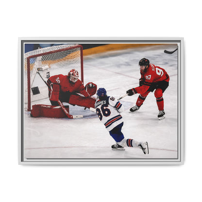 Hockey Hughes Goal Matte Canvas Framed Print — Action Shot Wall Art for Fans