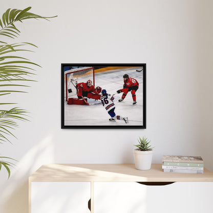 Hockey Hughes Goal Matte Canvas Framed Print — Action Shot Wall Art for Fans