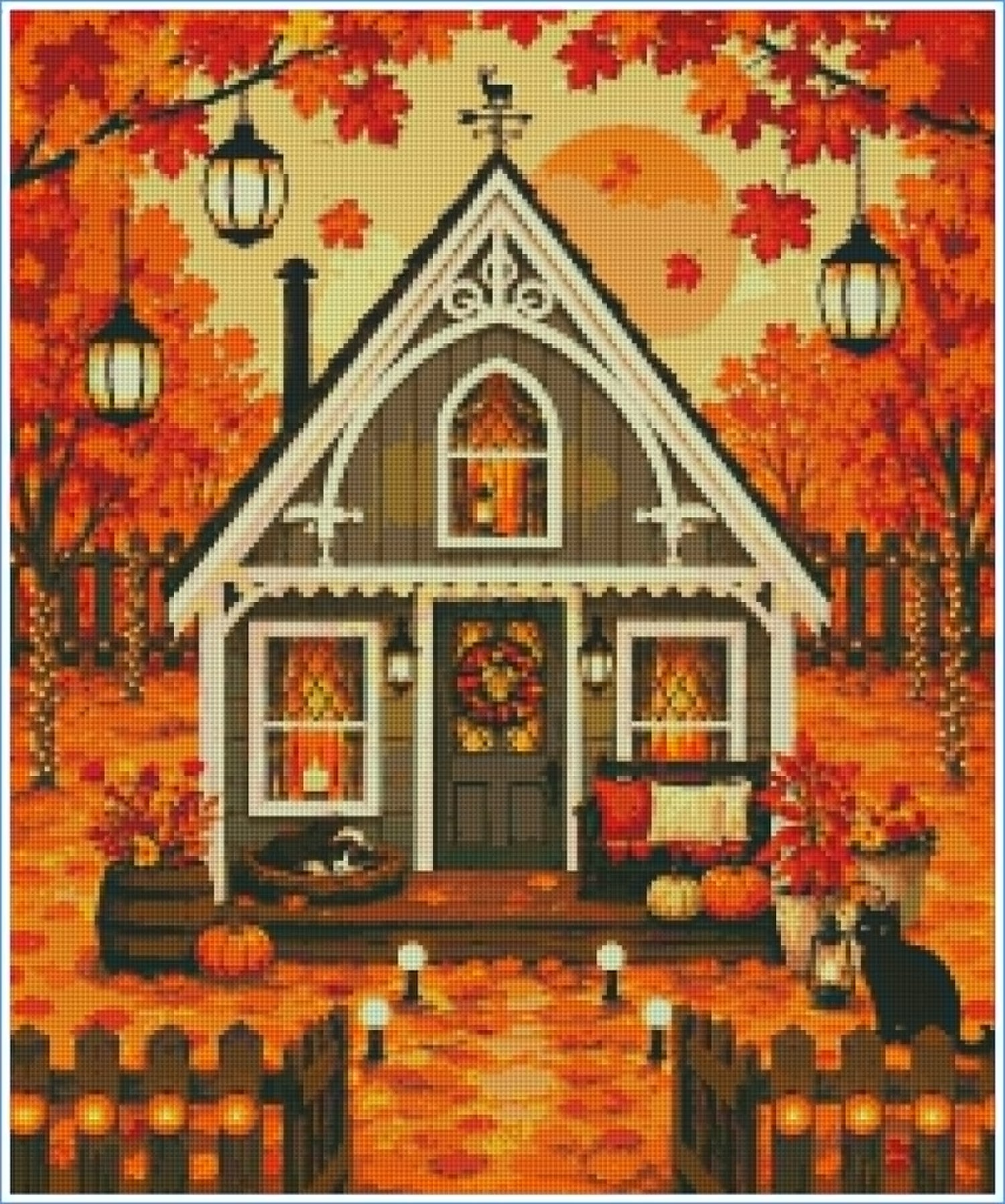Falling Leaves Cottage– Diamond Art Kit (50x60cm, Square Drill)