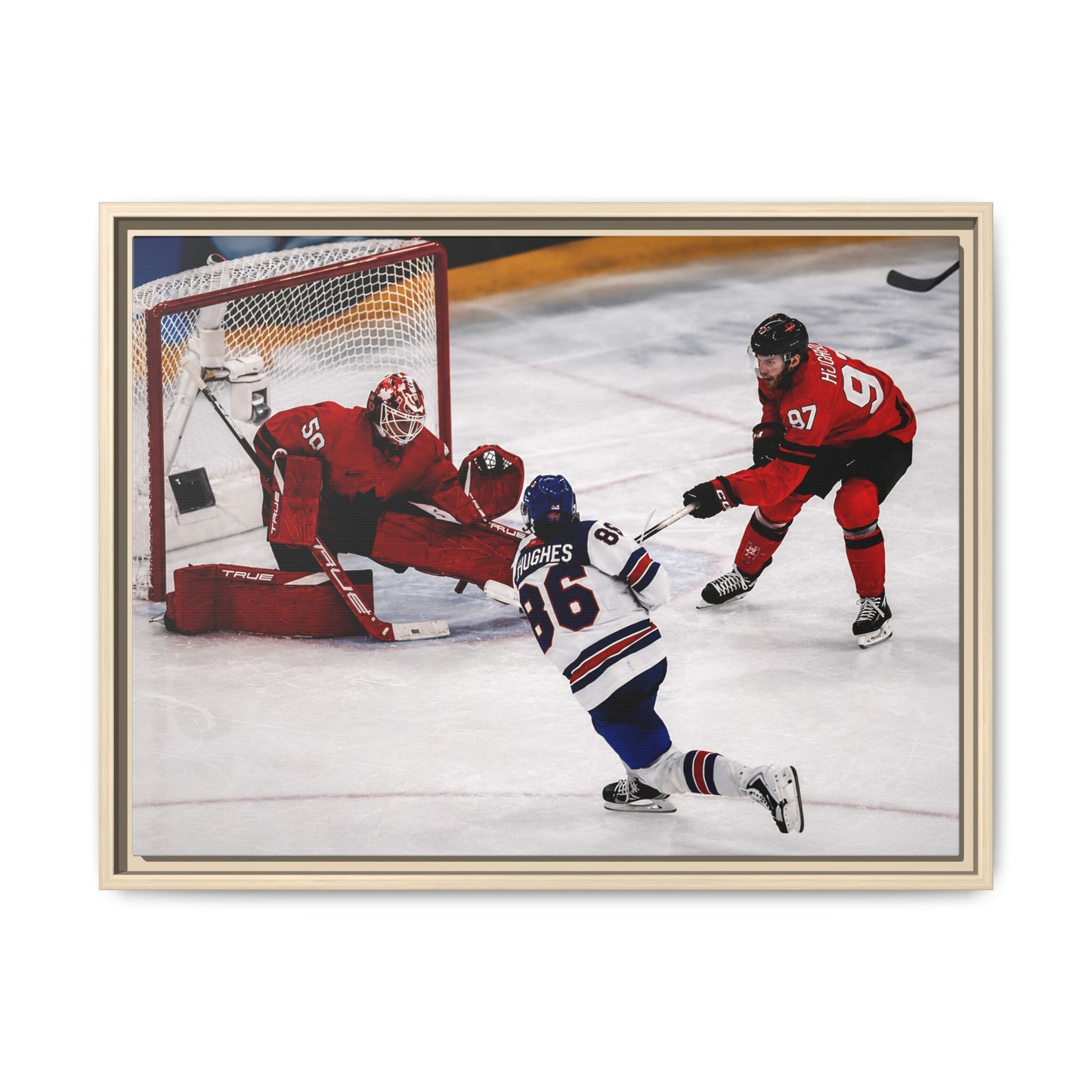 Hockey Hughes Goal Matte Canvas Framed Print — Action Shot Wall Art for Fans