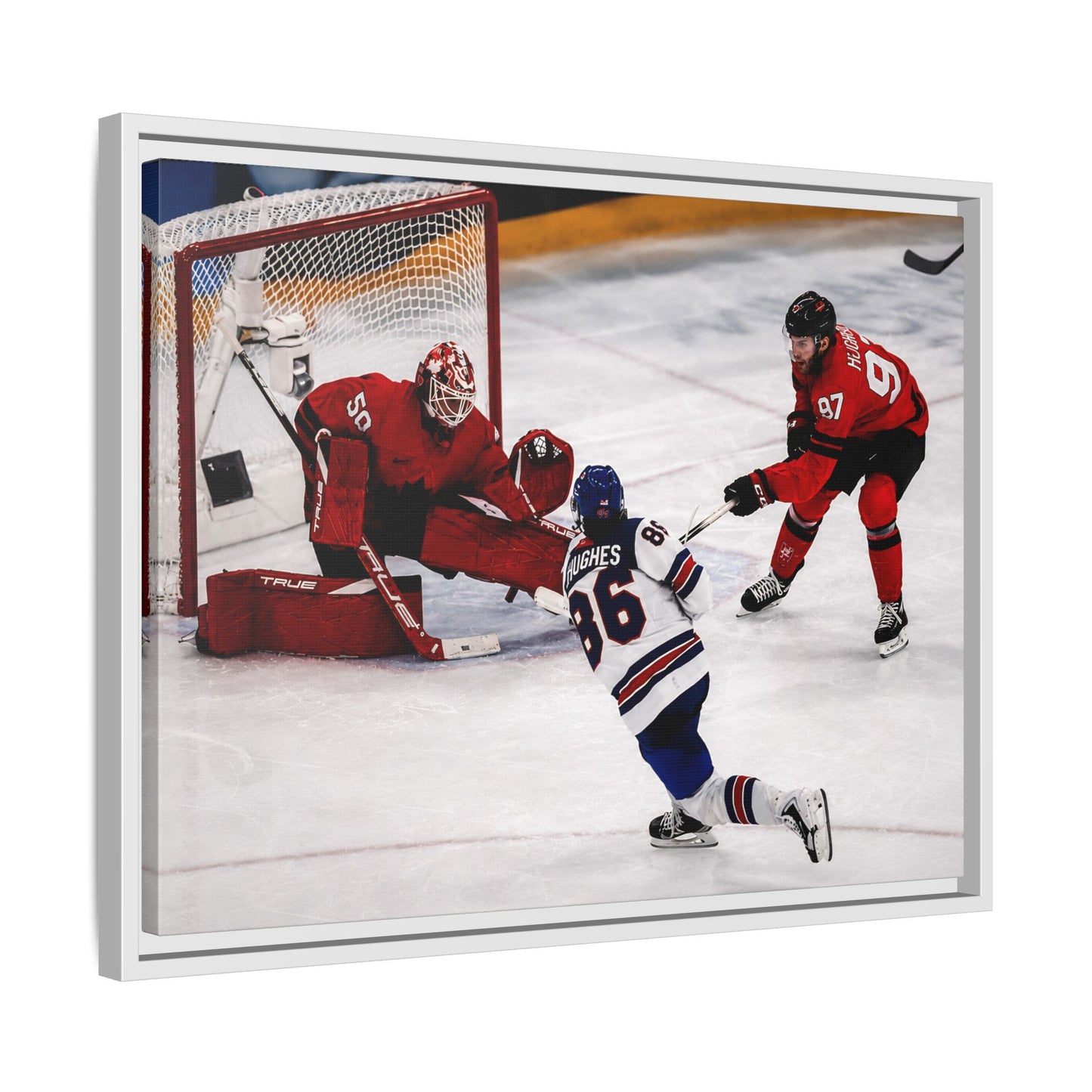 Hockey Hughes Goal Matte Canvas Framed Print — Action Shot Wall Art for Fans