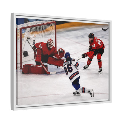 Hockey Hughes Goal Matte Canvas Framed Print — Action Shot Wall Art for Fans