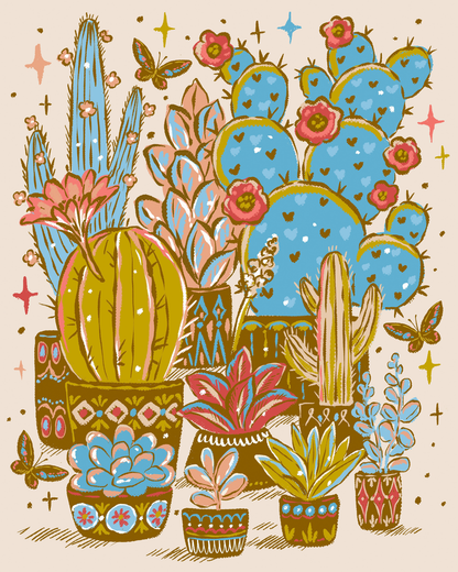 Blue Cactus Garden by Hanna Symo- Diamond Art Kit (40x50cm Round Drill) Hand Rendered