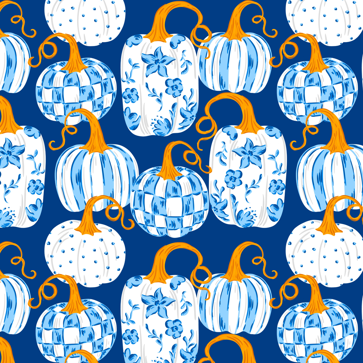 Blue Chintz Pumpkins by Kate Clay Illustration– Diamond Art Kit (40x40cm Square Drill) Hand Rendered