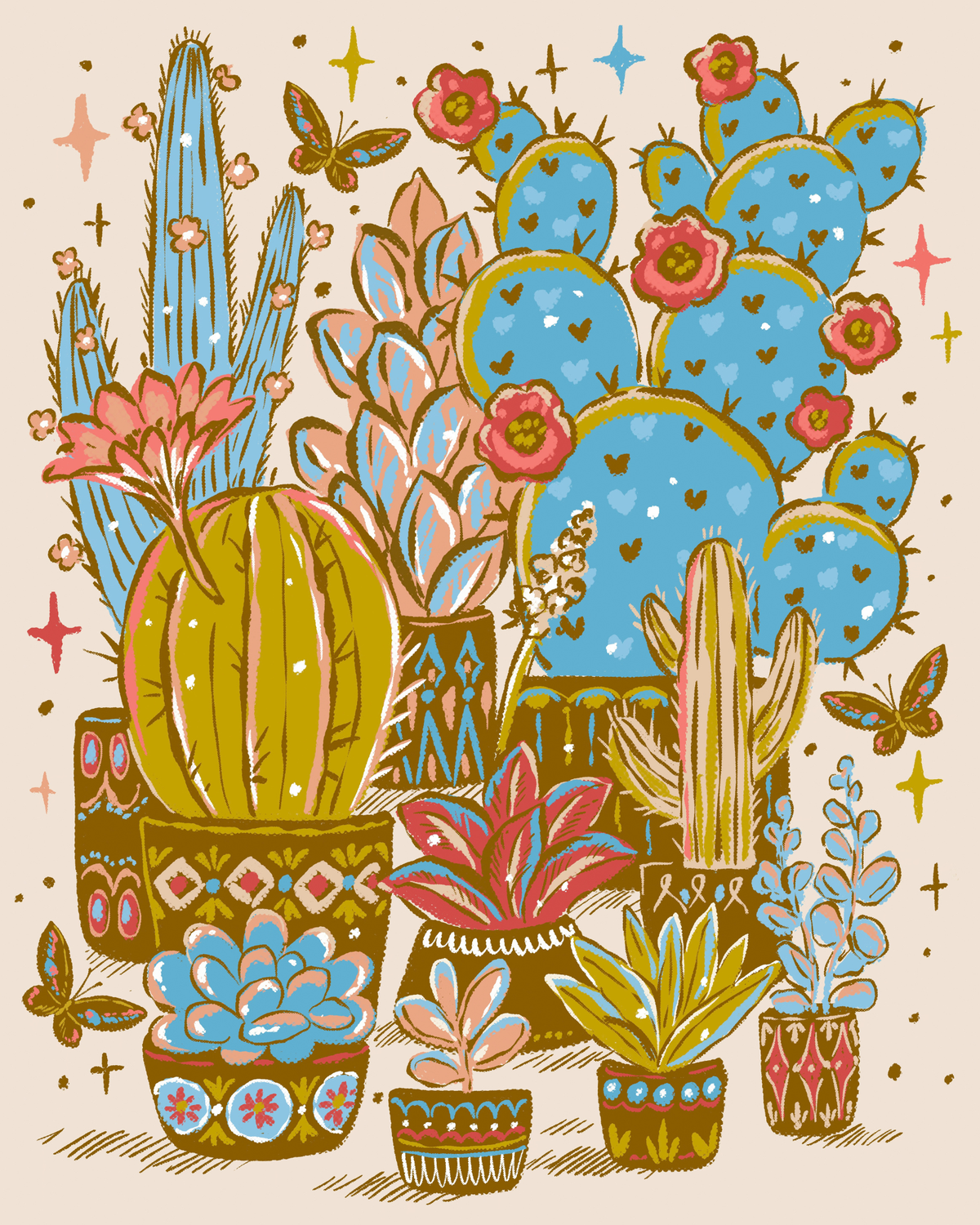 Blue Cactus Garden by Hanna Symo- Diamond Art Kit (40x50cm Round Drill) Hand Rendered