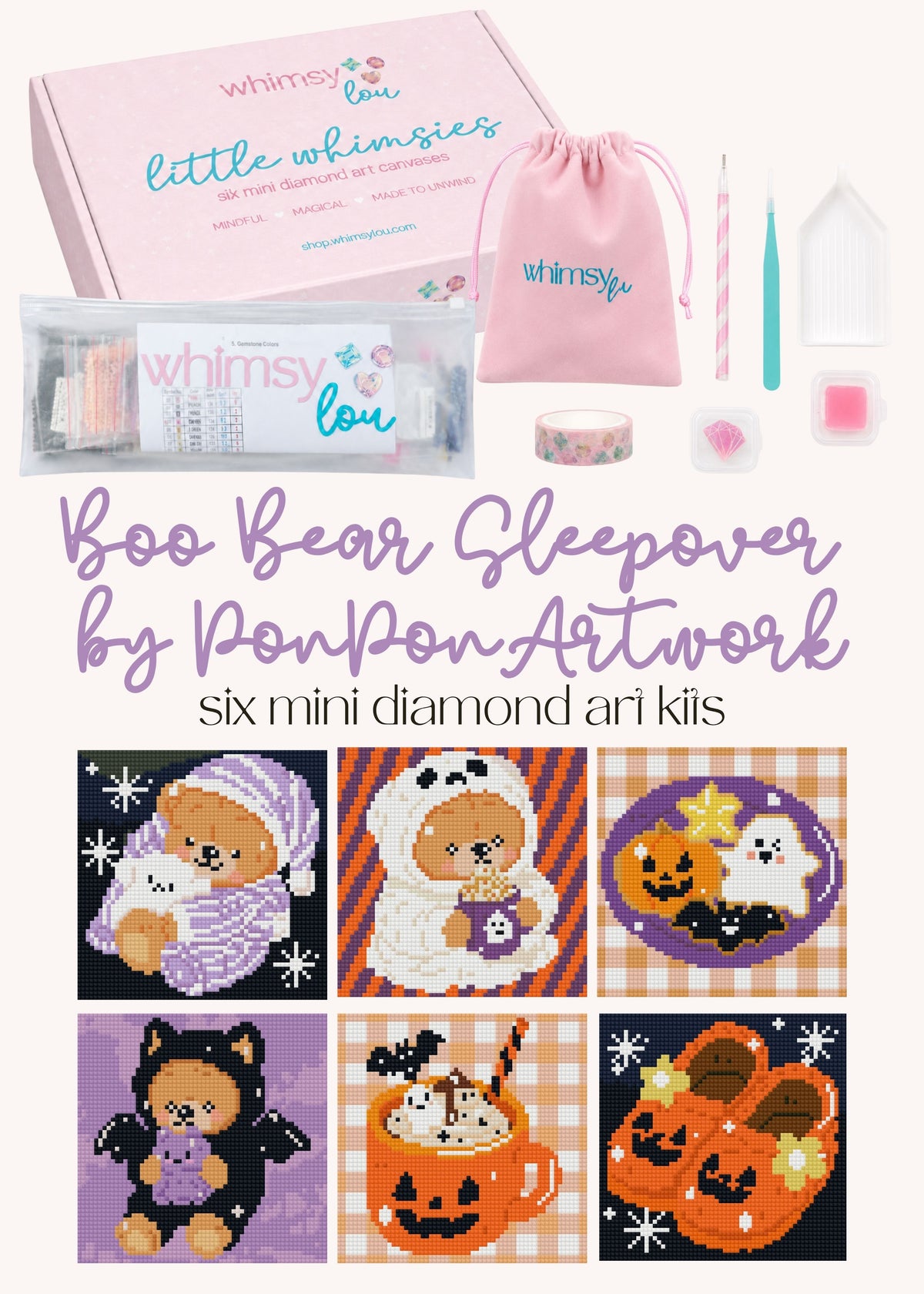 Boo Bear Sleepover by PonPon Artwork – little whimsies Mini Diamond Art Set