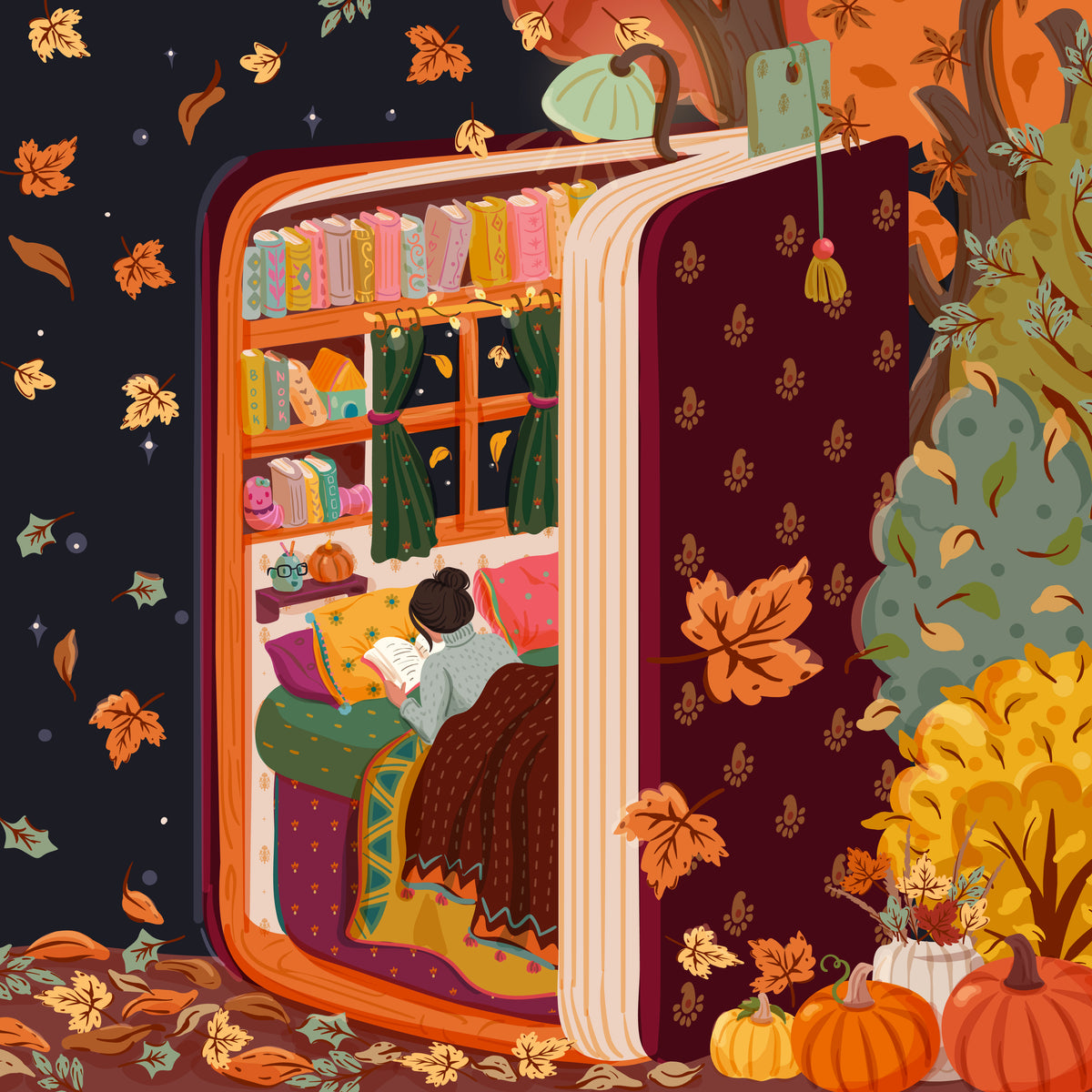 Book Nook in Autumn- Colortickle by Abhinaya - Diamond Art Kit (50x50cm Square Drill) Hand Rendered