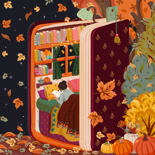Book Nook in Autumn- Colortickle by Abhinaya - Diamond Art Kit (50x50cm Square Drill) Hand Rendered
