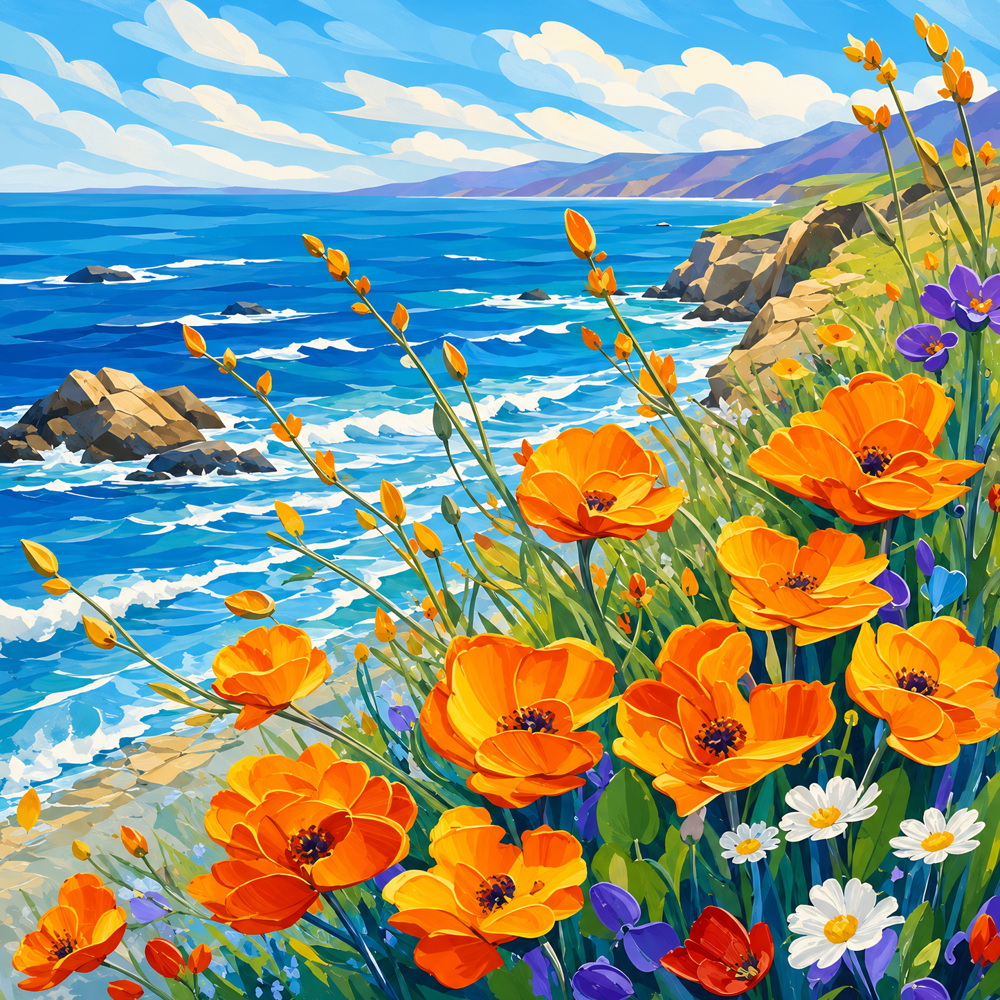 California Poppy Coast- Diamond Art Kit (50x50cm, Square Drill)