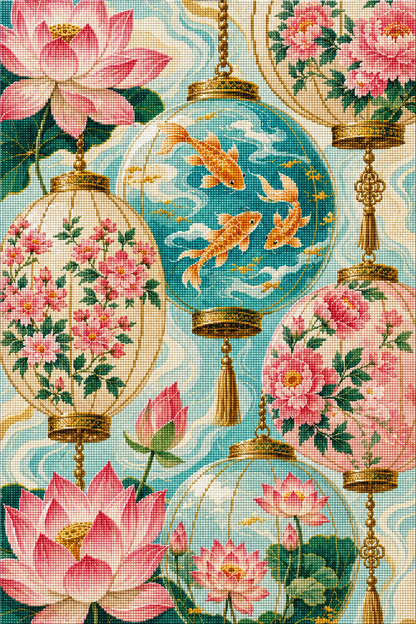 Lotus Koi Lanterns- Diamond Art Kit (50x75cm, Square Drill)