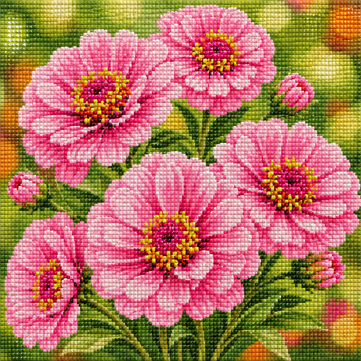 Pink Zinnia Bouquet- Diamond Art Kit (40x40cm, Square Drill)