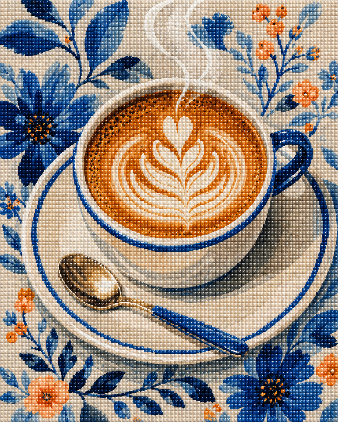 Latte & Blue Petals- Diamond Art Kit (40x50cm, Square Drill)