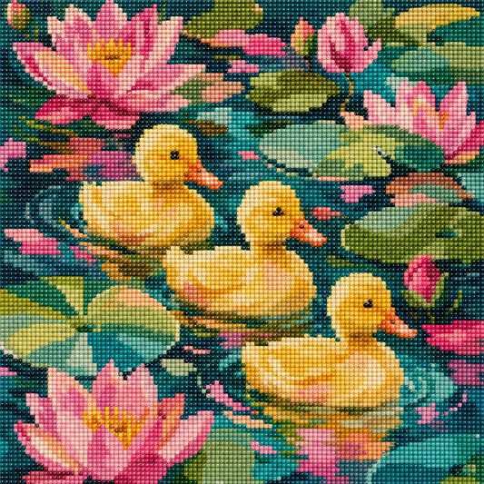 Duckling Lily Pond- Diamond Art Kit (40x40cm, Round Drill)