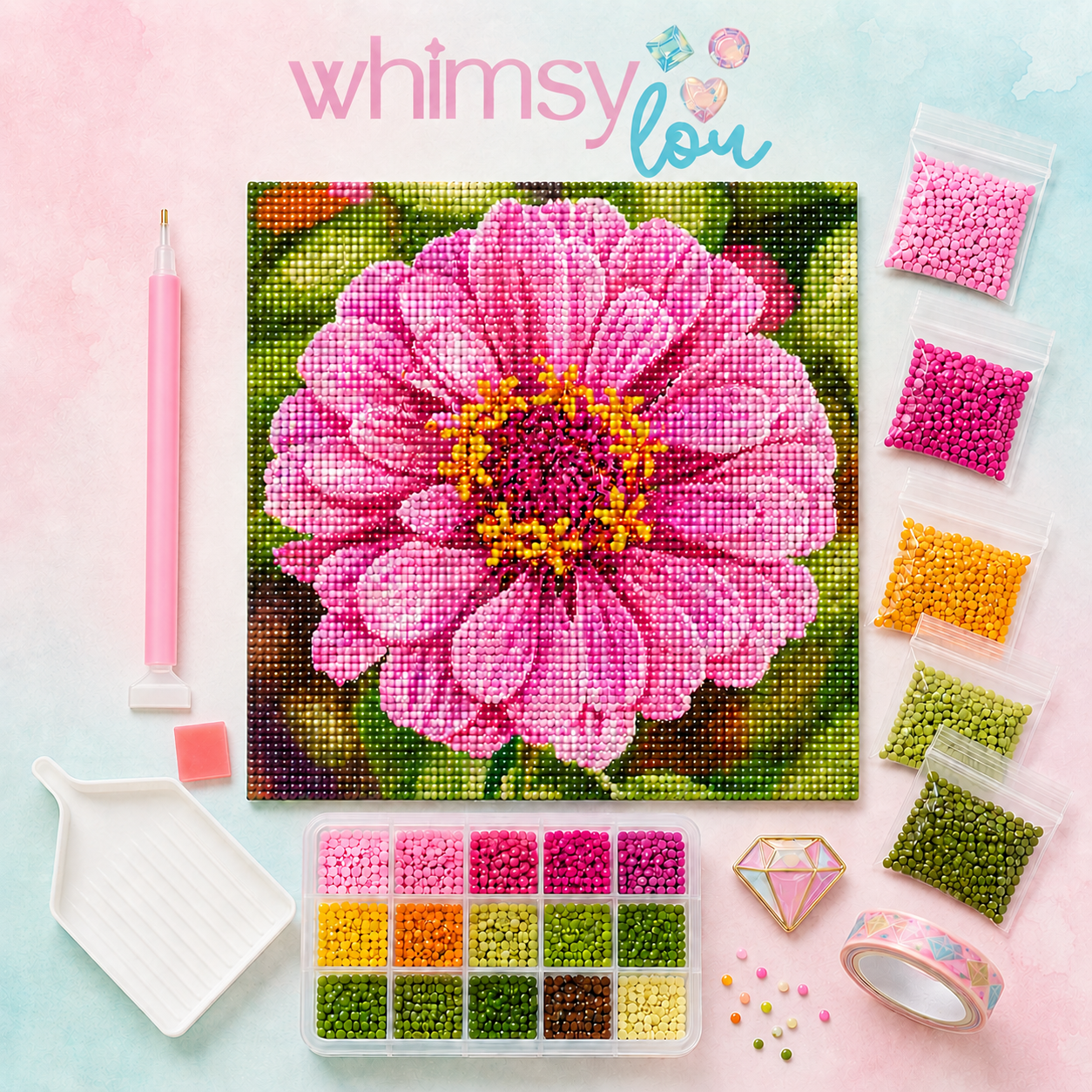 Sweet Zinnia- Diamond Art Kit (40x40cm, Round Drill)