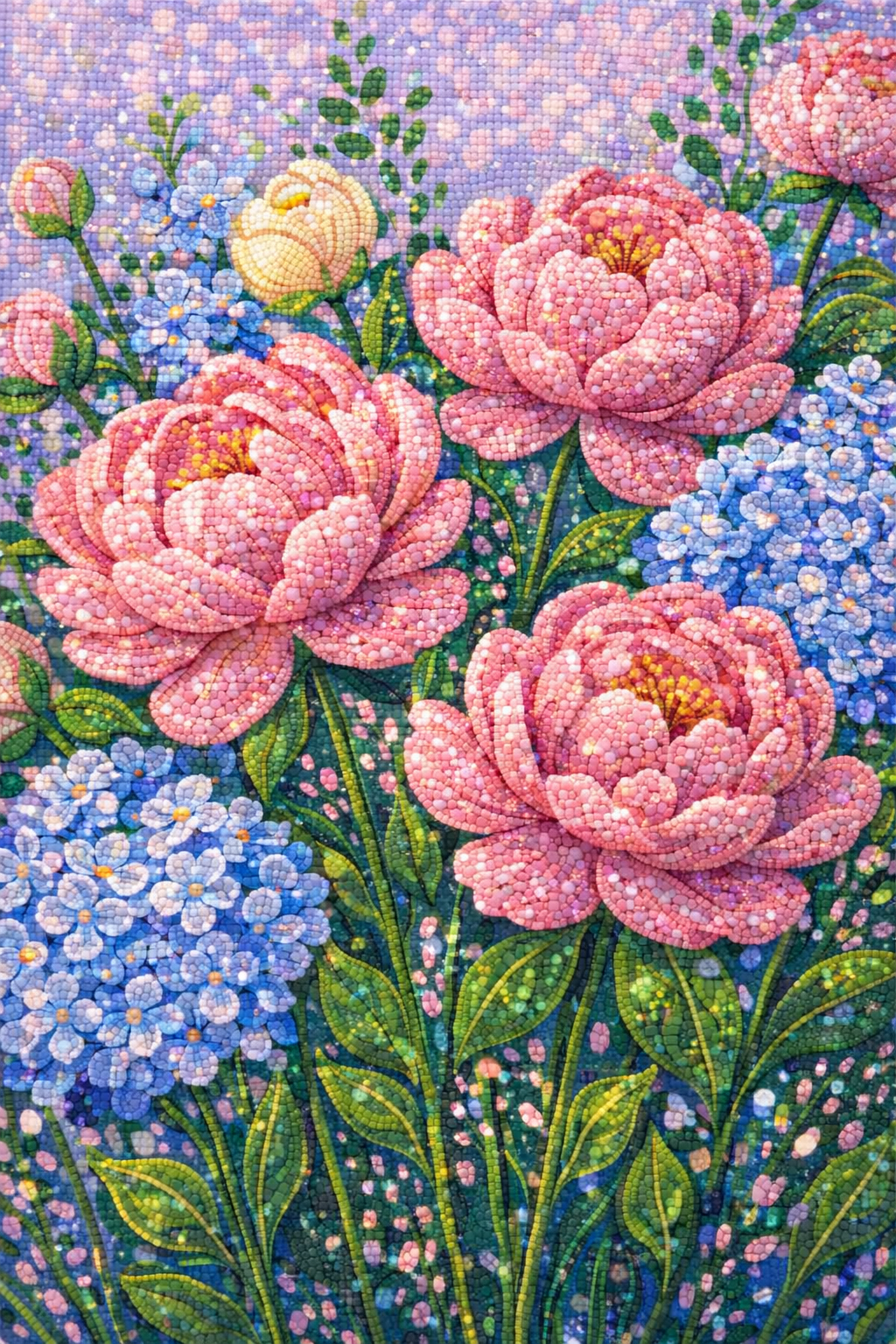 Peonies & Blue Blossoms - Diamond Art Kit (40x60cm, Round Drill)