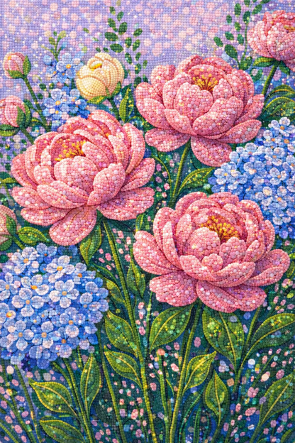 Peonies & Blue Blossoms - Diamond Art Kit (40x60cm, Round Drill)