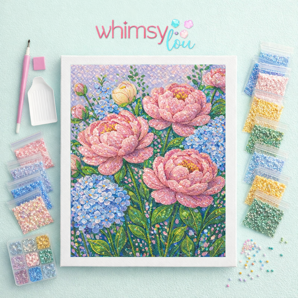 Peonies & Blue Blossoms - Diamond Art Kit (40x60cm, Round Drill)