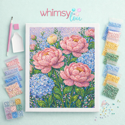 Peonies & Blue Blossoms - Diamond Art Kit (40x60cm, Round Drill)