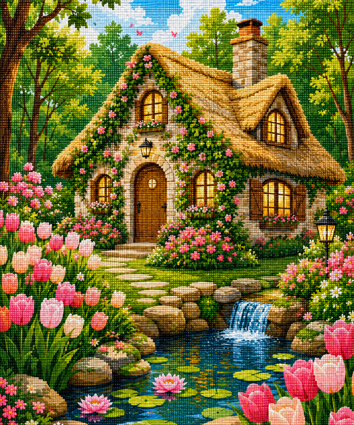 Tulip Cottage Falls – Diamond Art Kit (50x60cm, Square Drill)