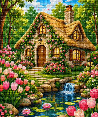 Tulip Cottage Falls – Diamond Art Kit (50x60cm, Square Drill)