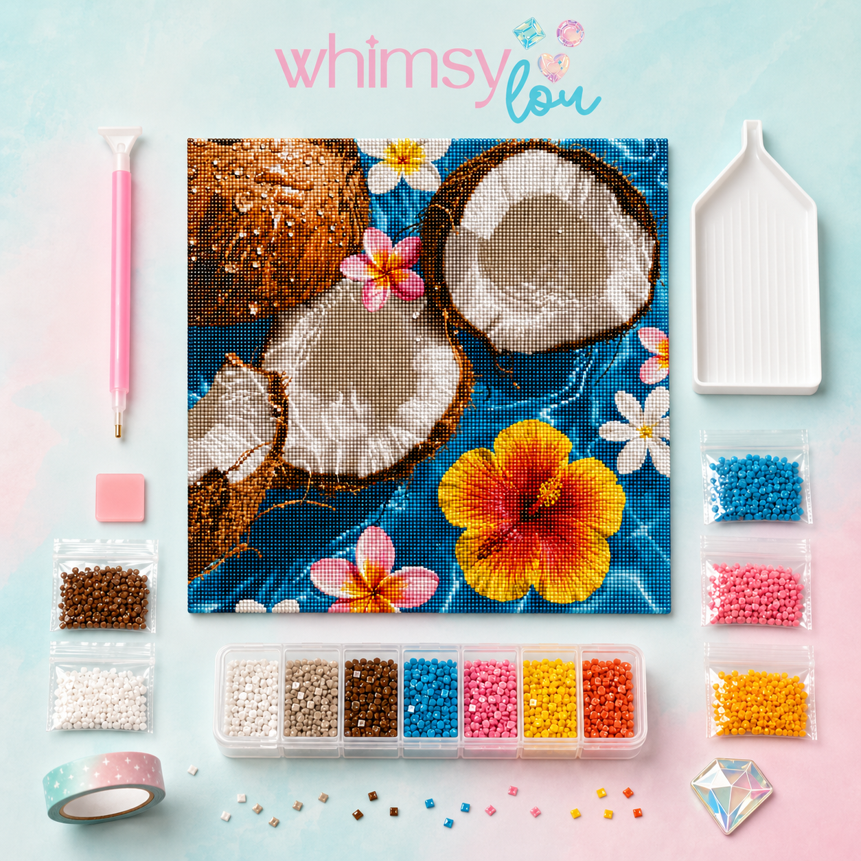 Coconut Hibiscus Splash- Diamond Art Kit (40x40cm, Square Drill)