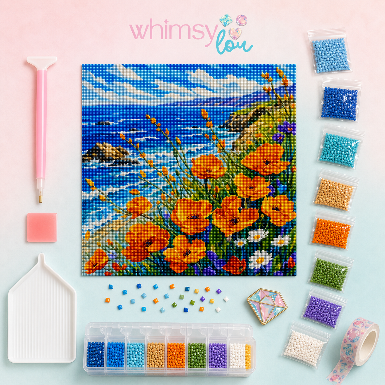 California Poppy Coast- Diamond Art Kit (50x50cm, Square Drill)