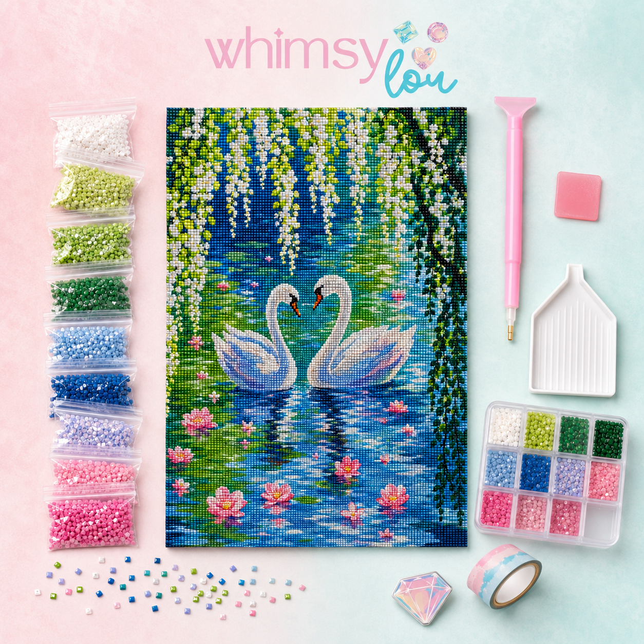 Swans & Waterlilies- Diamond Art Kit (40x60cm, Square Drill)