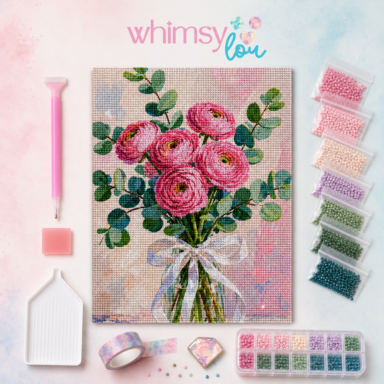 Pink Ranunculus & Eucalyptus- Diamond Art Kit (40x60cm, Round Drill)