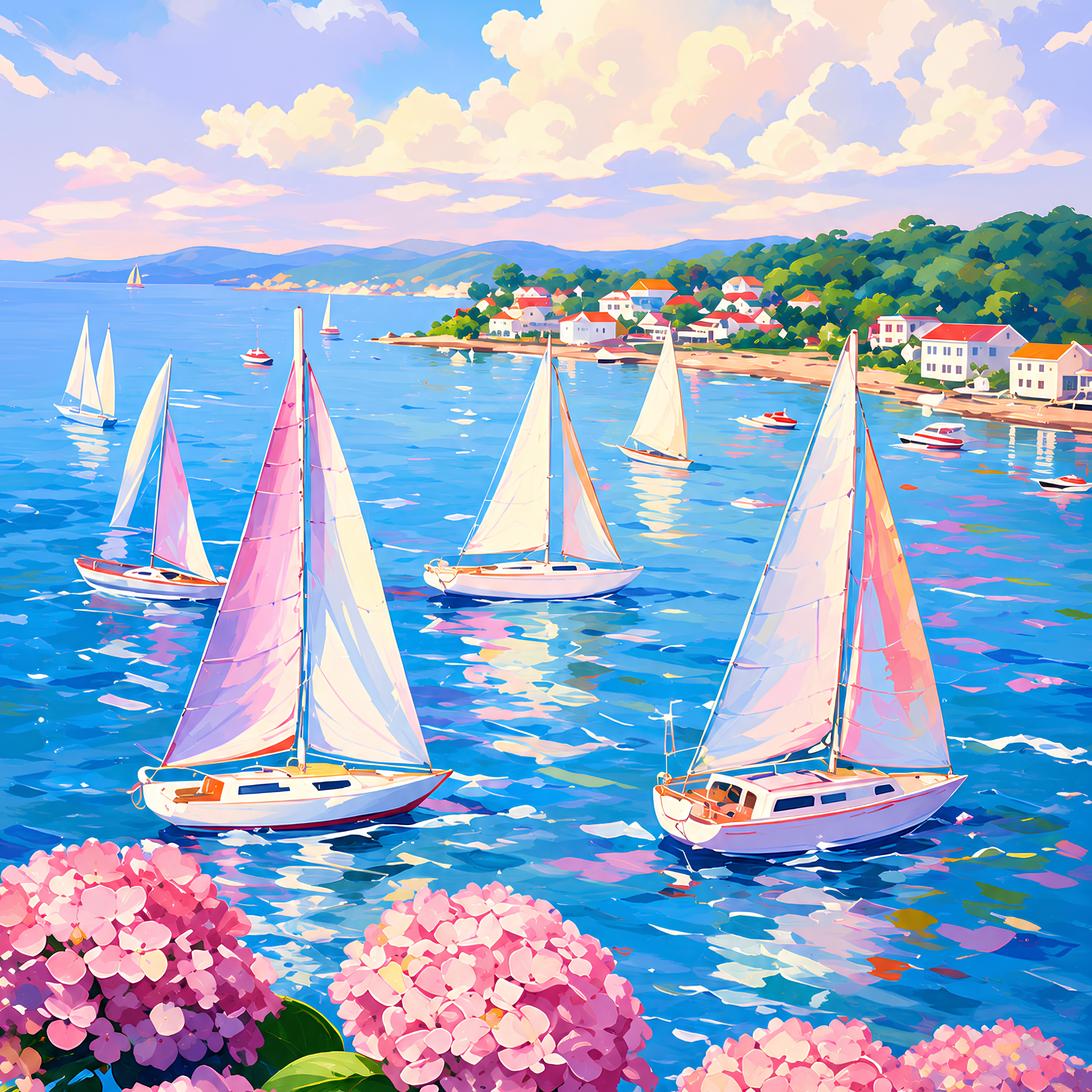 Coastal Hydrangea Harbor – Diamond Art Kit (50x60cm, Square Drill)