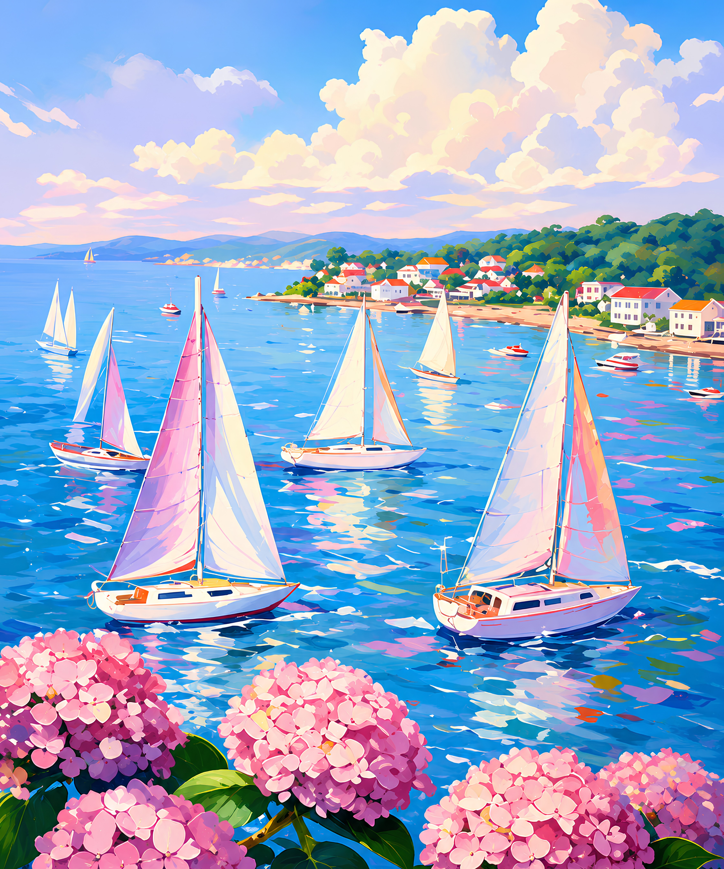 Coastal Hydrangea Harbor – Diamond Art Kit (50x60cm, Square Drill)